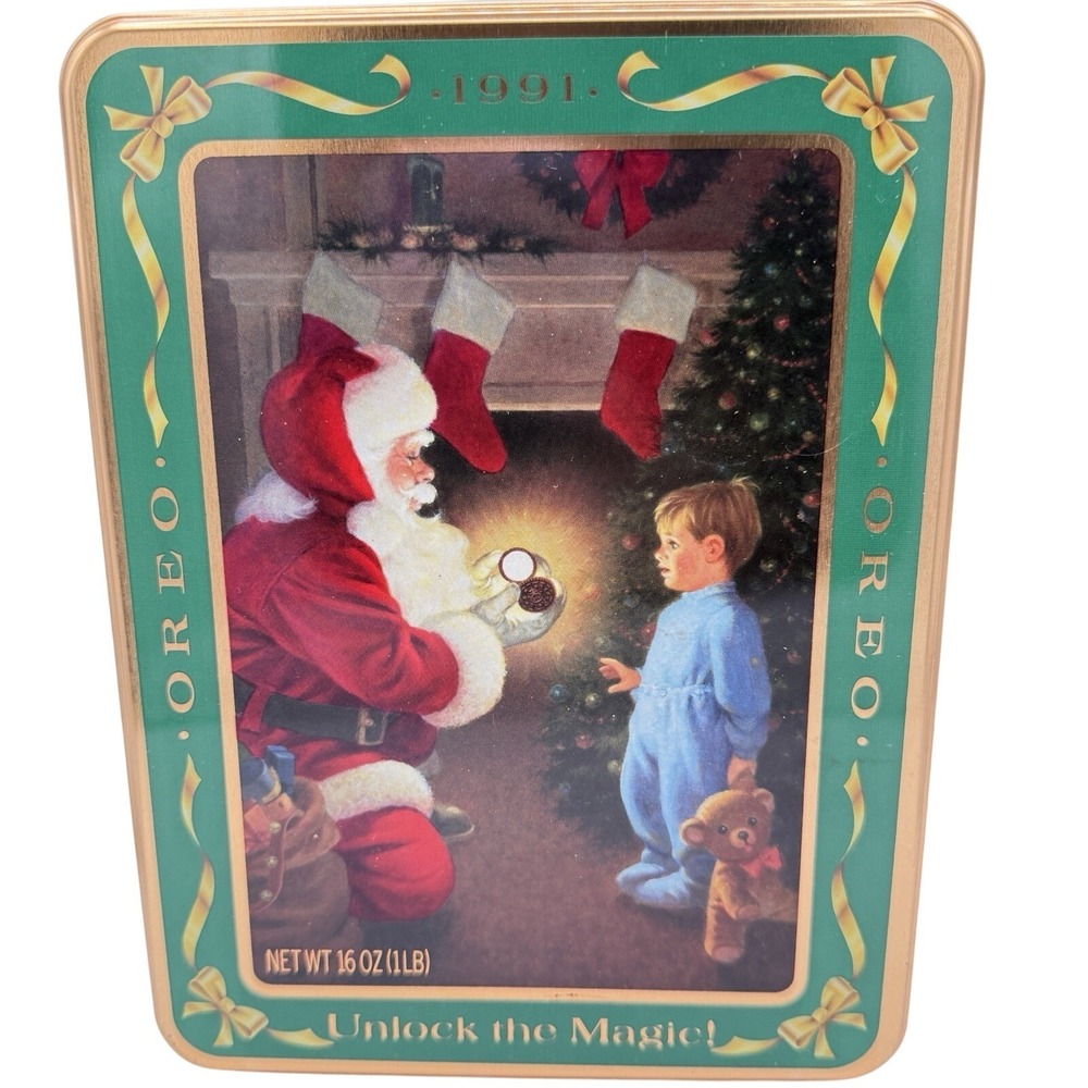Vintage 1991 Oreo Christmas Tin Waiting for Santa Unlock the Magic Collectible